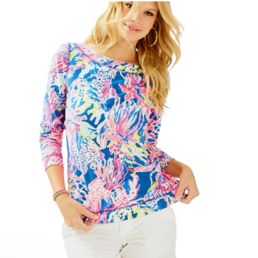 Lilly Pulitzer Top Womens Multi Jojo Long Sleeve Boat Neck Size Small